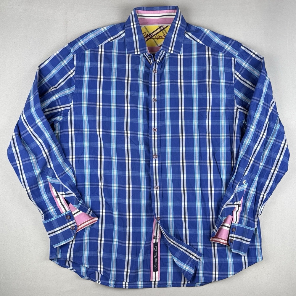 Robert Graham Plaid Button Up Shirt Blue Pink Contrast Trim 2XL Cotton Men's